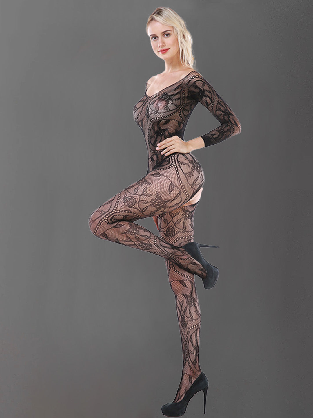 Off-Shoulder Lace Mesh Bodystocking