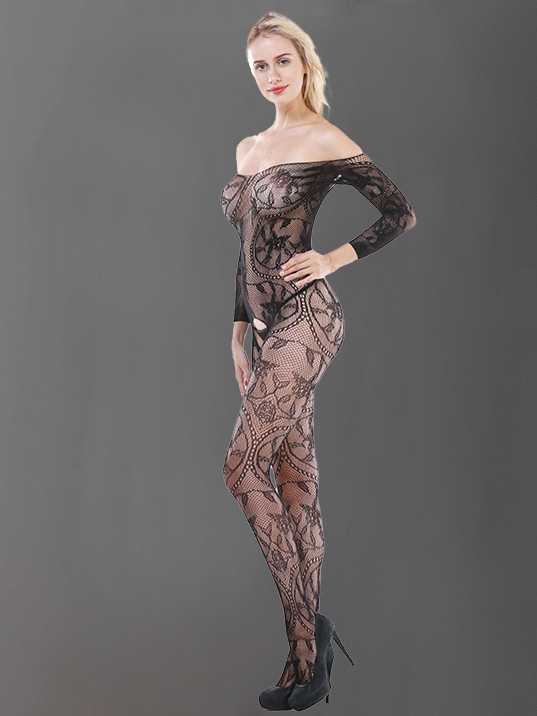 Off-Shoulder Lace Mesh Bodystocking